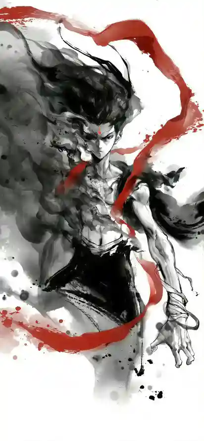 哪吒水墨风格4K超清壁纸展示动态水墨粒子特效,Wacom Cintiq Pro手绘水墨扩散与Blender几何节点渲染,适配动漫周边设计/虚拟偶像直播场景