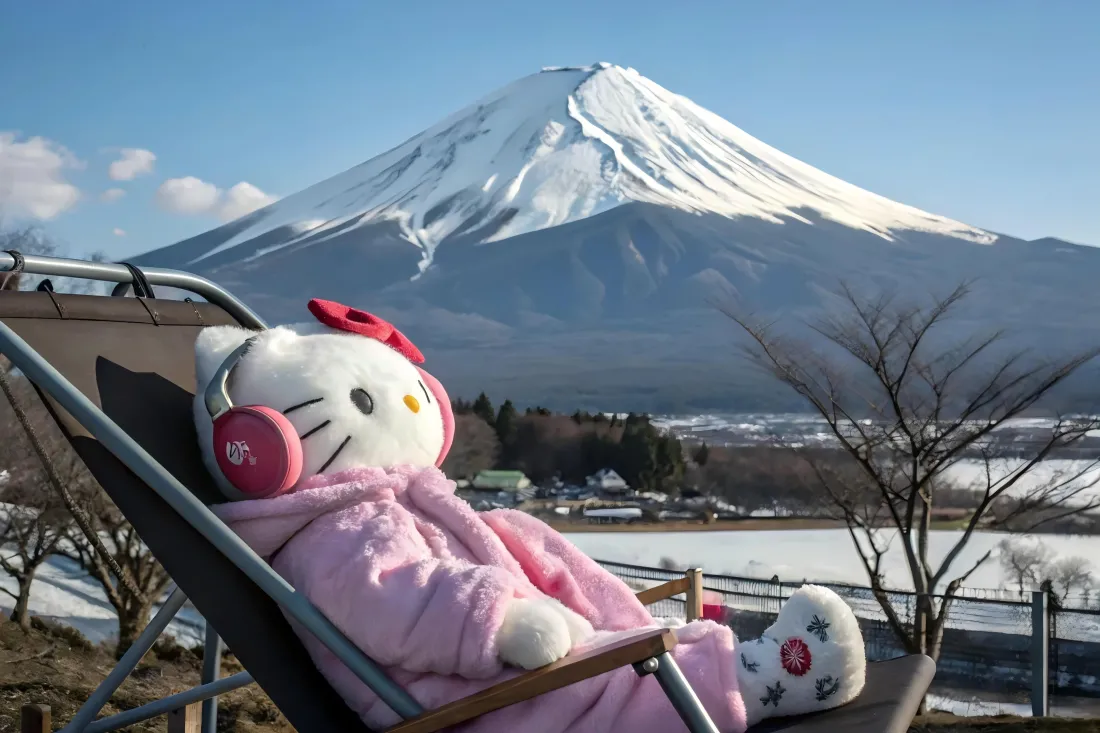 云端治愈系｜6144×4096凯蒂猫富士山壁纸：灰白极简中的安逸哲学