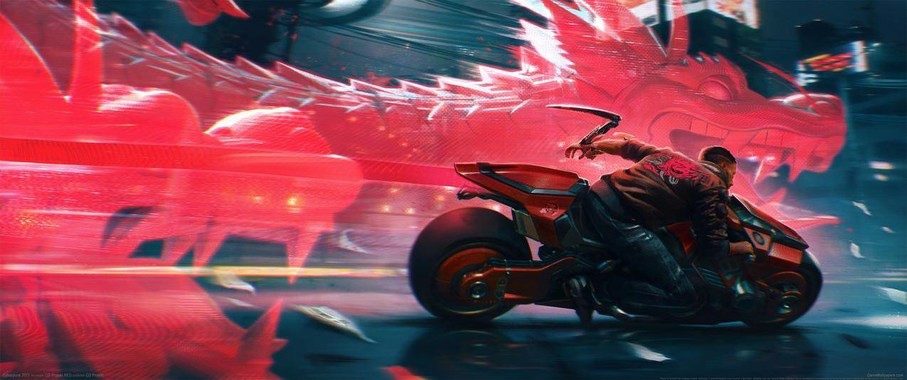 【义体狂龙】赛博朋克2077机车壁纸｜3440×1440血玫色域与离子灼痕渲染技术解析