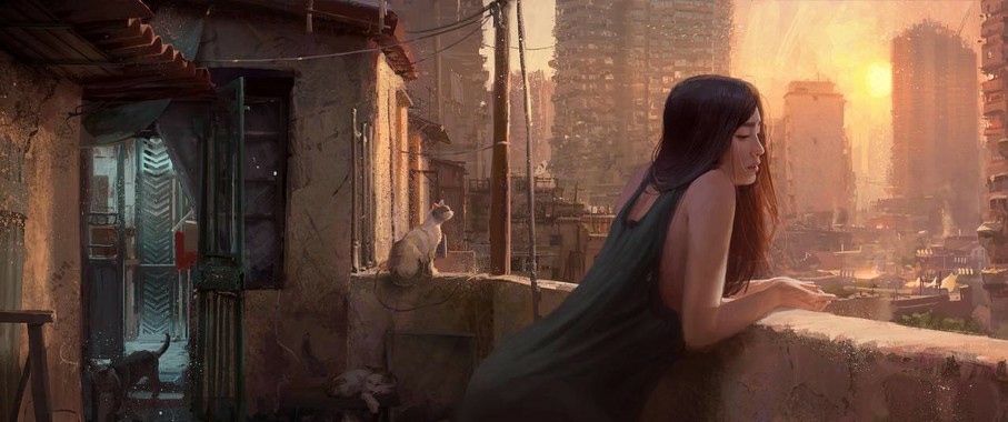 【都市治愈系】阳台女孩带鱼屏壁纸｜3440×1440超宽屏温暖插画全景背景