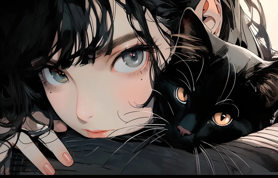 暗黑系动漫美女持玫瑰站在血色月光下,黑猫悬浮空中,哥特风服饰与动态光影特效