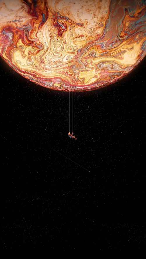 暗橙色系科幻星云壁纸,包含引力透镜效应与微型星系,WordPress主题适配
