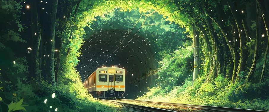 【林间铁道】治愈系列车壁纸｜3440×1440翡翠色域与雾气渲染技术解析