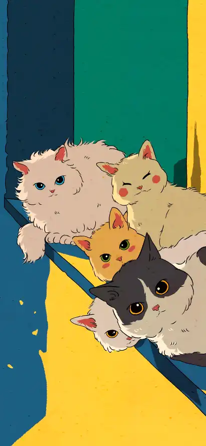 暖黄色调卡通猫咪手机壁纸展示治愈系视觉效果,Procreate手绘打造扁平化设计,适配iOS17锁屏界面,提供高清4K原图下载