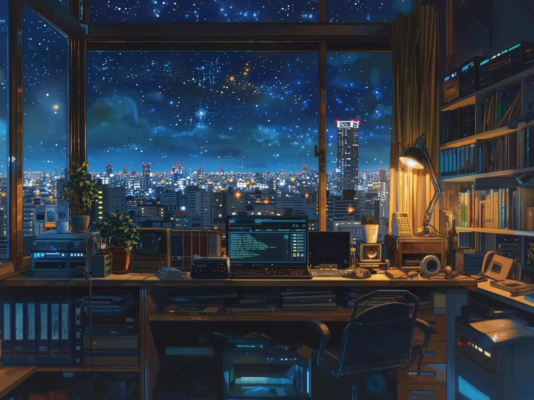 【月光书斋】｜冷调蓝夜书房壁纸：手绘艺术与数字创作的完美融合