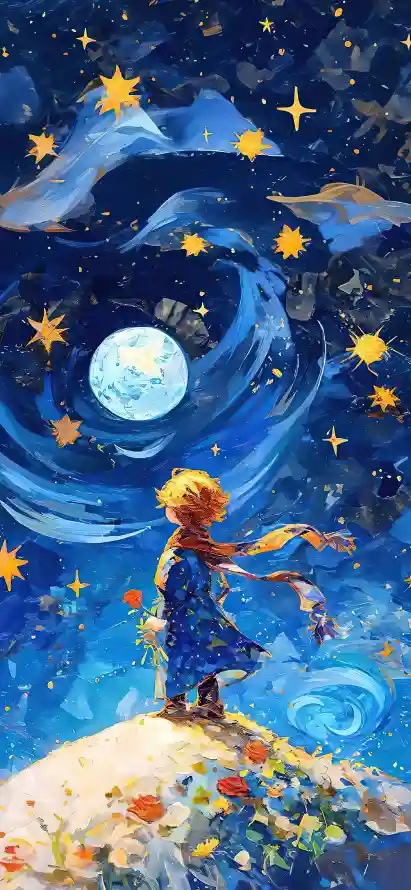 偏蓝系小王子插画壁纸展示4K超清经典童话场景,Procreate渲染技术打造细腻笔触,Blender光影渲染技术模拟星空璀璨氛围