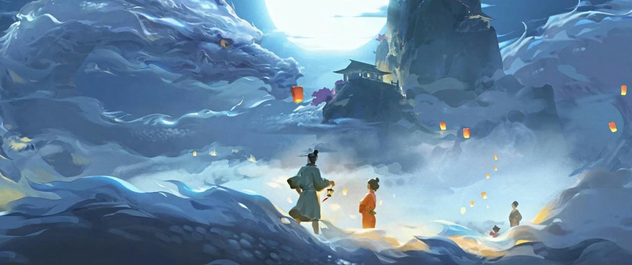 【龙吟九霄】苍龙抱月壁纸｜3440×1440天青色域与动态云海渲染技术解析
