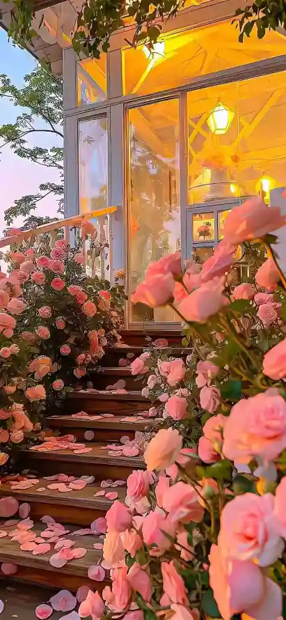 粉紫色玫瑰花簇拥的台阶场景,夕阳余晖透过玻璃窗,WordPress主题适配