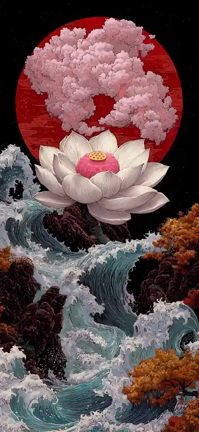 红日海浪中的巨型莲花,动态波纹与静谧绽放,WordPress主题适配