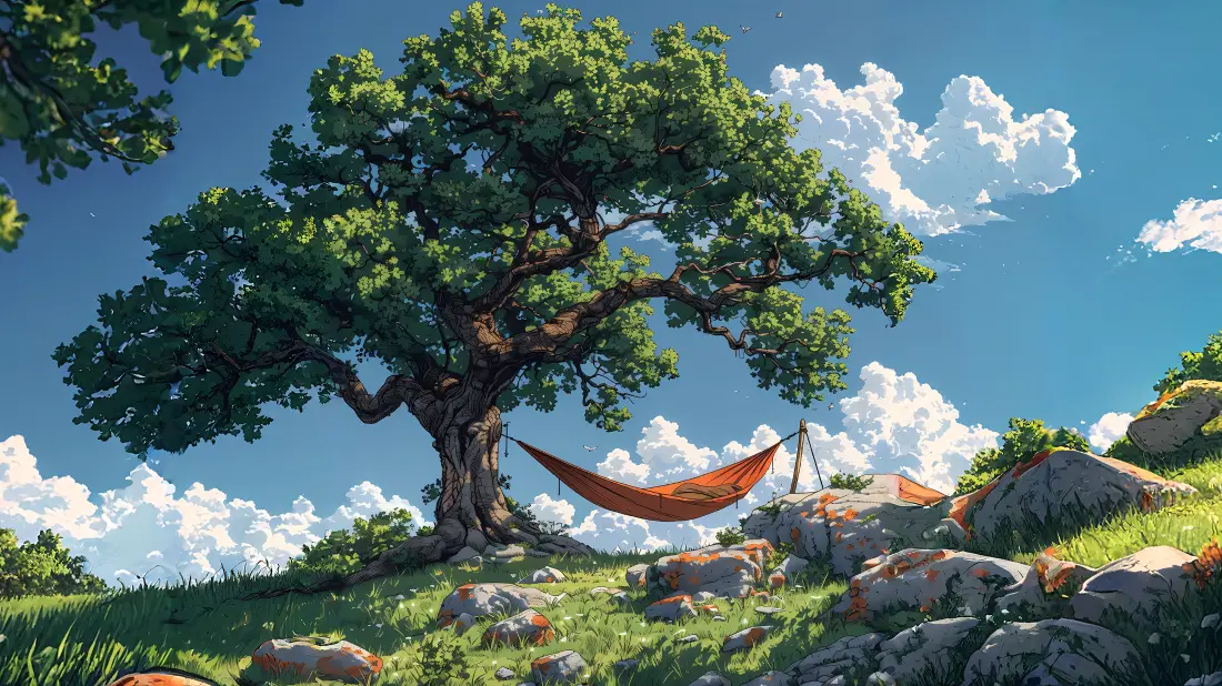 翠绿色森林中悬挂的吊床,晨雾弥漫,蝴蝶飞舞,自然风景插画壁纸