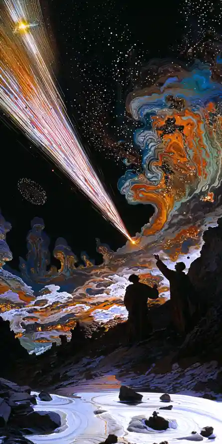 4K奇幻宇宙场景展示AI生成的动态星系与引力透镜效应,采用Blender N-body算法模拟星系演化
