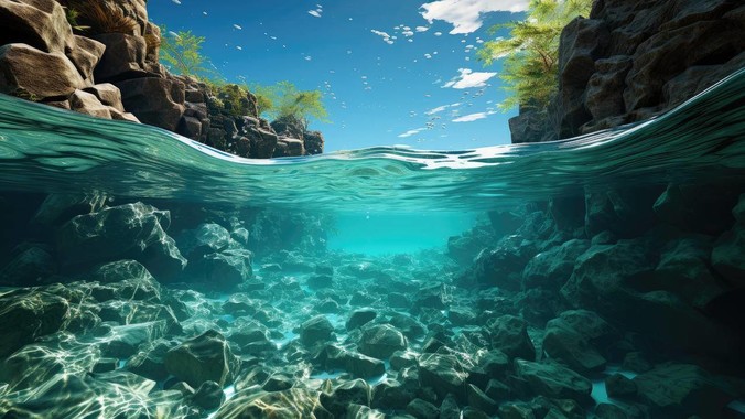 深海蓝调水晶宫｜海岸石块4K壁纸重构水下光影圣殿