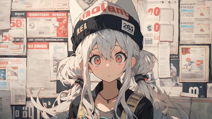 报纸墙与双马尾方程式｜动漫少女4K壁纸重构二次元街头的流体美学