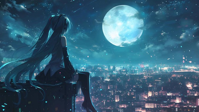 赛博霓虹下的古典美学｜初音未来星空赏月重构数字东方幻境