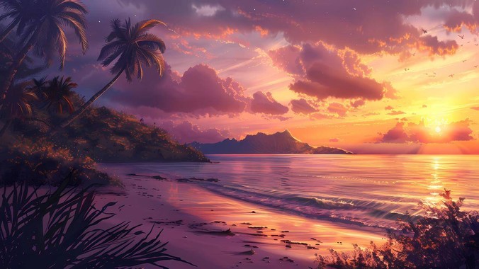 暮色金砂方程式｜海边夕阳沙滩4K壁纸重构自然光影的流体诗学