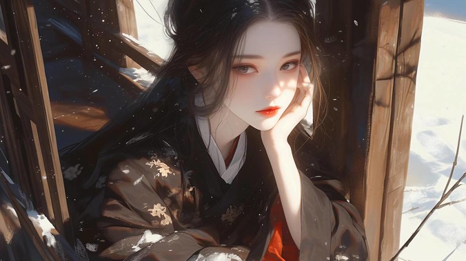雪夜诗笺墨色美学｜观雪少女4K壁纸重构东方古典光影方程式