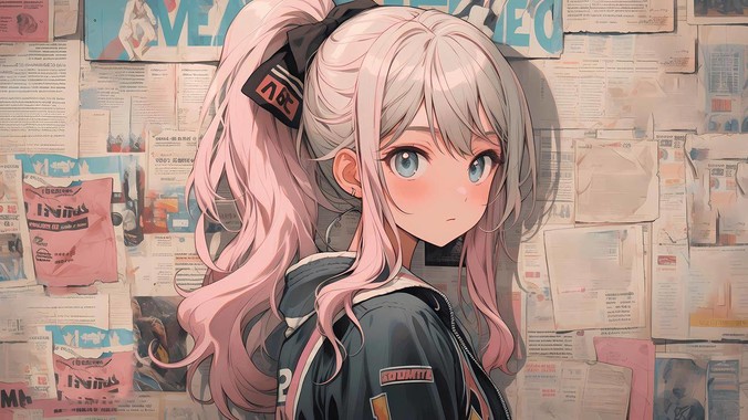 灰粉流体方程式｜报纸墙马尾少女4K壁纸重构像素实验室的复古未来主义
