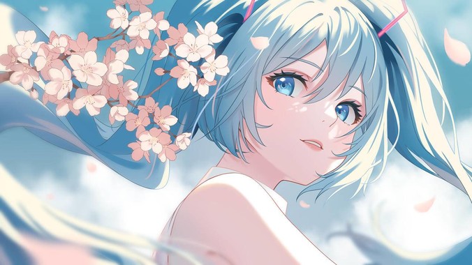 浅灰蓝调方程式｜初音未来樱花4K壁纸重构未来与自然的流体美学