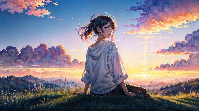 暮光紫粉方程式｜草地少女动漫4K壁纸重构自然系流体美学