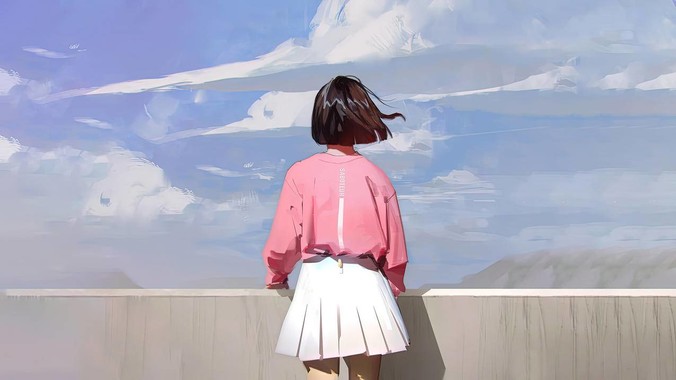 浅蓝灰调方程式｜看远方的女孩背影4K壁纸重构宁静美学的流体实验室