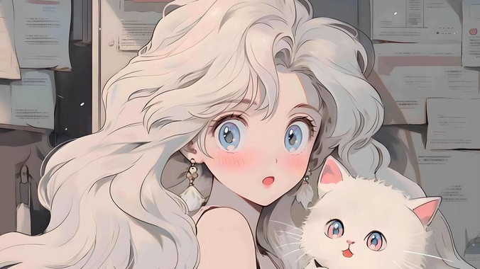 浅灰粉调方程式｜少女与猫报纸墙4K壁纸重构复古像素的治愈实验室