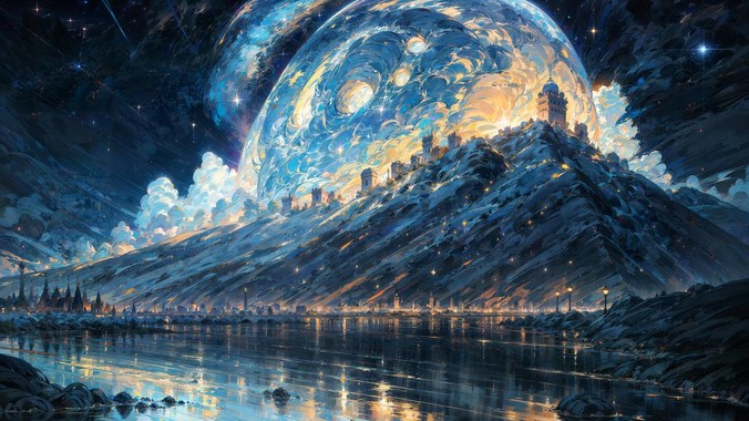 银月秘境4K美学｜月亮下的城镇4K壁纸重构数字星轨奇观