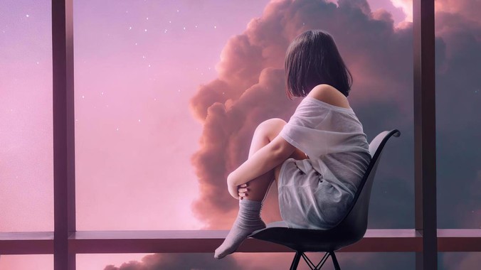 粉紫暮霭诗笺｜窗边短发女孩4K壁纸重构云端梦境的流体美学