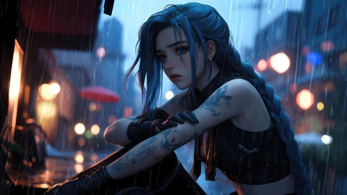 蓝调雨幕方程式｜雨中金克丝4K壁纸重构赛博朋克的流体动力学