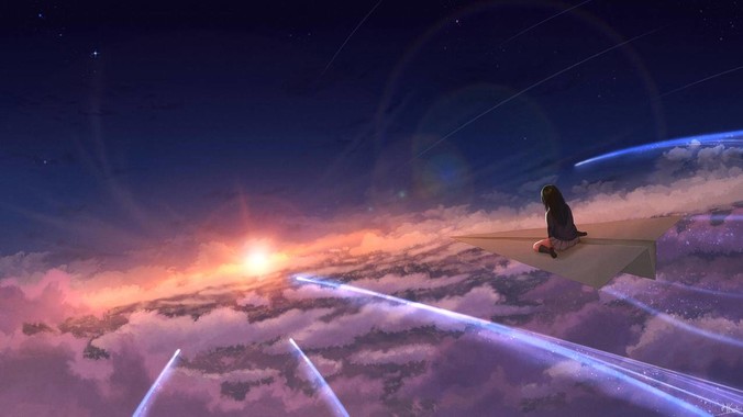 星空纸飞机物语｜#644a68紫夜精灵壁纸｜4K动漫少女穿越云海追逐星辰