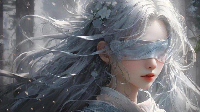 银灰诗韵方程式｜蒙眼少女长发4K壁纸重构流体动力学的东方幻境