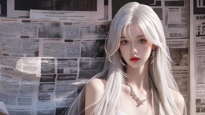幻彩报纸墙方程式｜白长发动漫少女4K壁纸重构赛博美学的流体动力学
