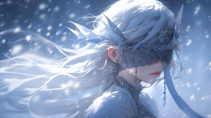 银灰蓝调方程式｜唯美蒙眼少女飘雪4K壁纸重构冬日诗境的流体美学