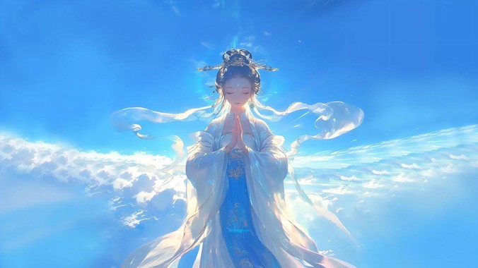 蓝调梵音方程式｜佛系女神4K壁纸重构禅意美学的流体实验室