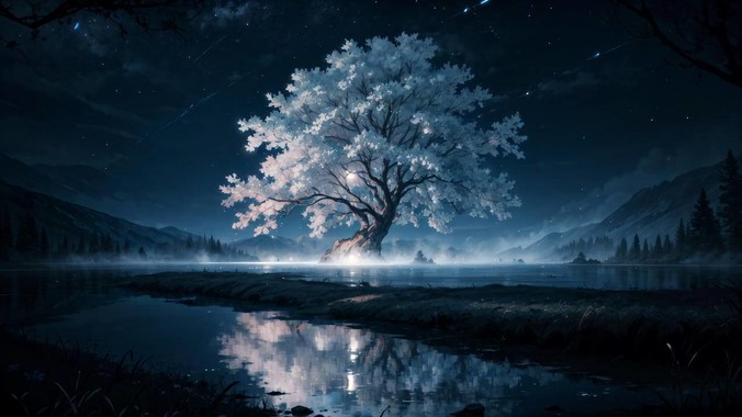 暗夜星穹方程式｜魔法树夜景4K壁纸重构自然幻想的流体动力学