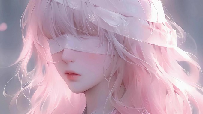 柔粉紫调方程式｜粉色长发蒙眼少女4K壁纸重构东方美学的流体动力学
