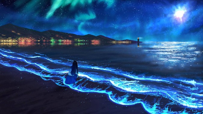 星空海洋奇幻夜｜4K动漫少女壁纸｜深海蓝#265791极光与灯塔的绝美邂逅