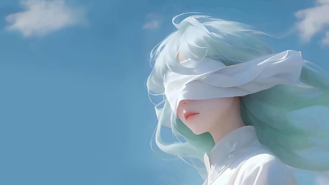 冰蓝幻境方程式｜蒙眼少女蓝天4K壁纸重构自然光影的极简实验室