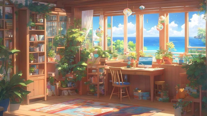 治愈系木色方程式｜夏日海边房间绿植4K壁纸重构自然光影的居家美学
