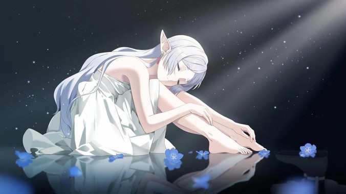 浅紫色长发精灵少女蜷坐于星夜下,尖耳透光,白色衣袍散落蓝色花瓣,右上方斜射光束照亮发丝与落花