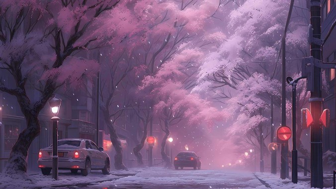 暮雪霓裳｜动漫雪夜街道4K壁纸重构城市冬日的诗意维度