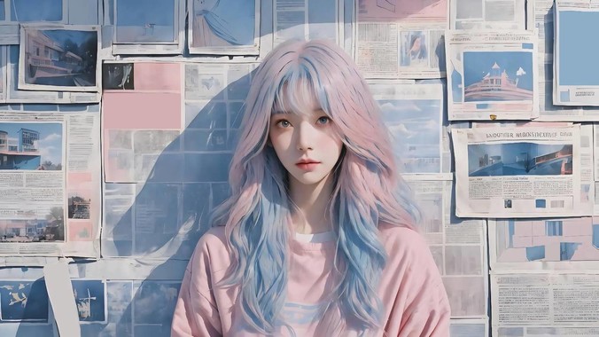纸境绮梦｜粉蓝少女4K壁纸解构报纸墙的次元美学
