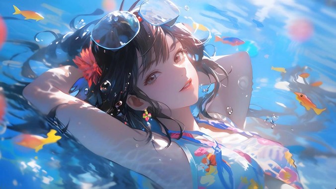 双马尾动漫少女仰躺在蓝色泳池水面,阳光穿透水面形成光斑,五彩小鱼环绕游动,游泳圈漂浮在波纹荡漾处