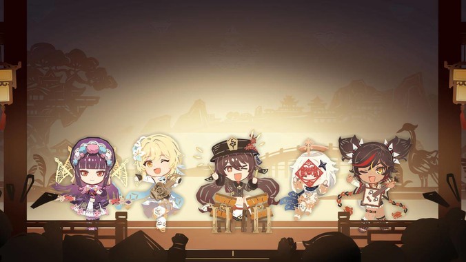 五位《原神》角色立于璃月虹桥,紫发巫女金丝头饰折射宋代瓷光,深棕少女衣褶复刻《营造法式》建筑曲线,背景暖褐檀木(#7f6754)山水剪影渲染东方幻境