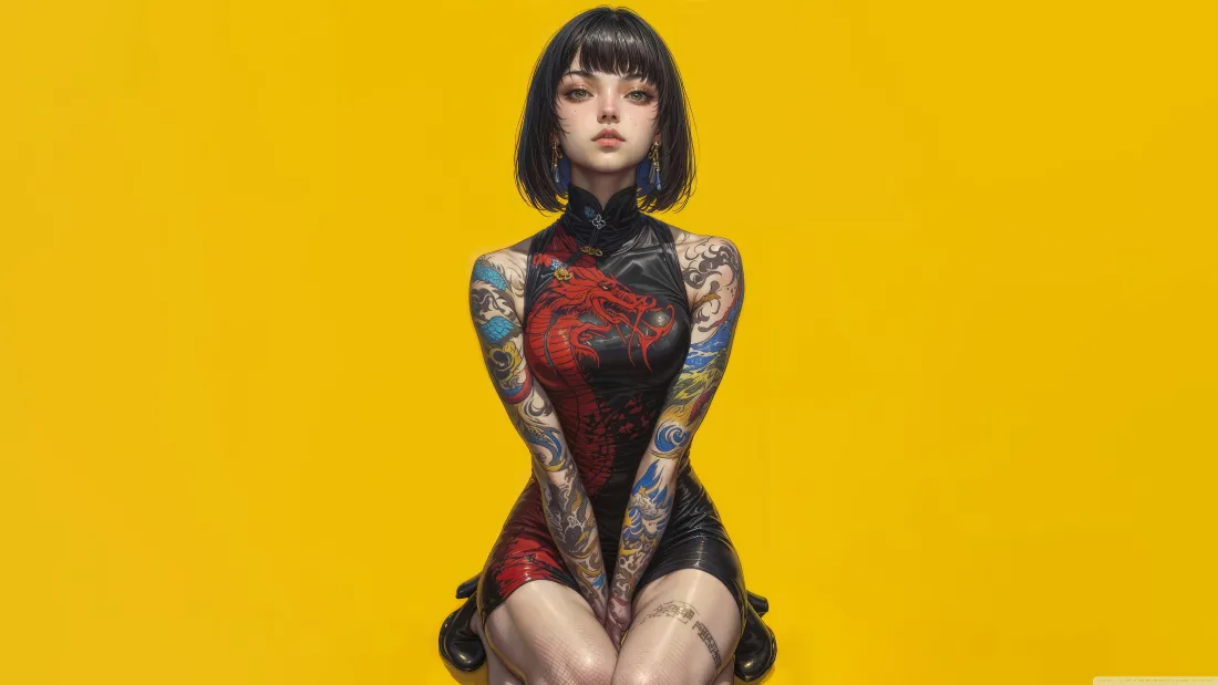 国潮龙纹少女：身披彩绘的旗袍艺术壁纸