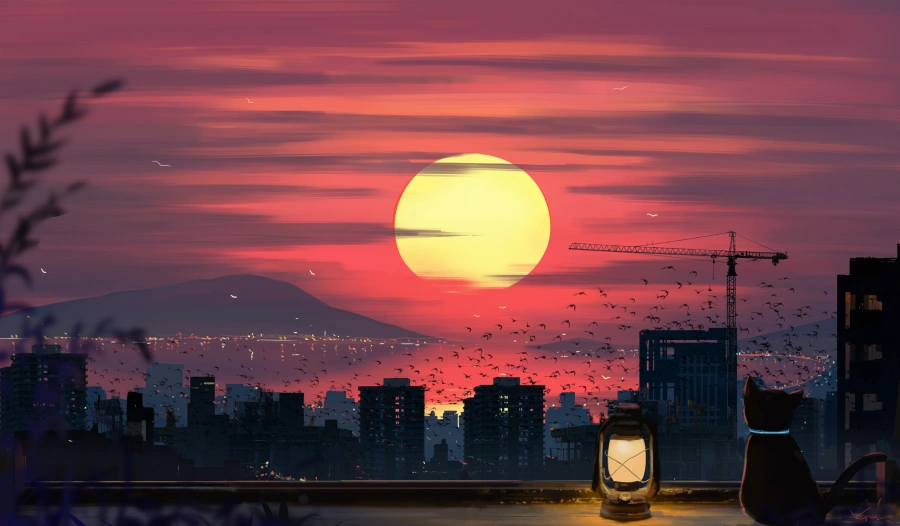 屋顶的橘色日落：与猫共赏的城市黄昏壁纸