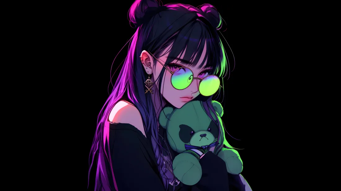 「免费下载｜紫发美女潮流壁纸：绿眼镜+卡通熊猫玩偶」​