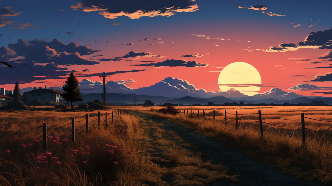 「免费下载｜乡间小路夕阳壁纸：旷野晚霞暮色盛景」​