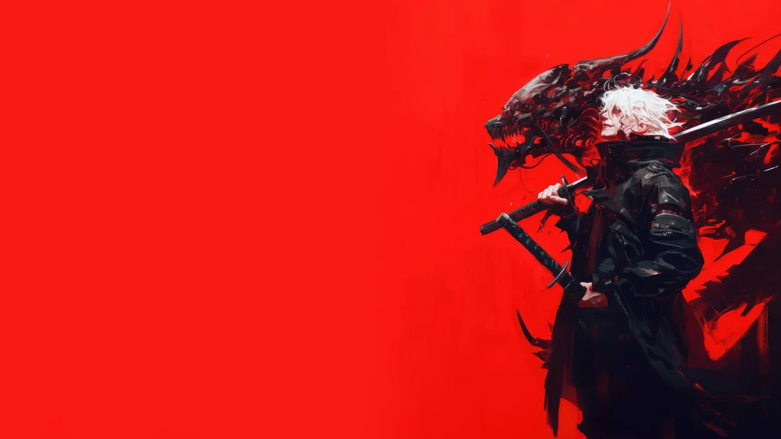 赤色冲击：白发武士与黑龙艺术壁纸