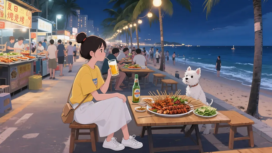 「免费下载｜夏夜海边烧烤壁纸：萌宠相伴·美食烟火」​