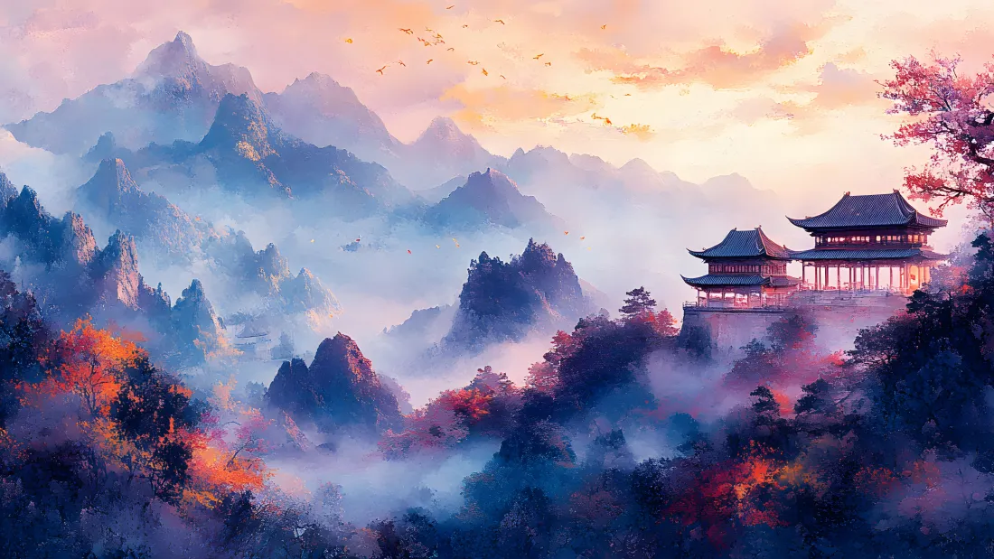 「限免｜云山古建动态意境壁纸［水墨禅境特辑］｜乐摄图库」​